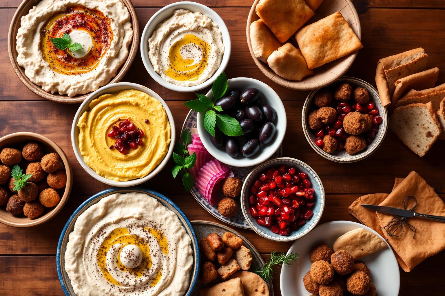 Middle Eastern mezze spread with hummus, fatayer, and falafel